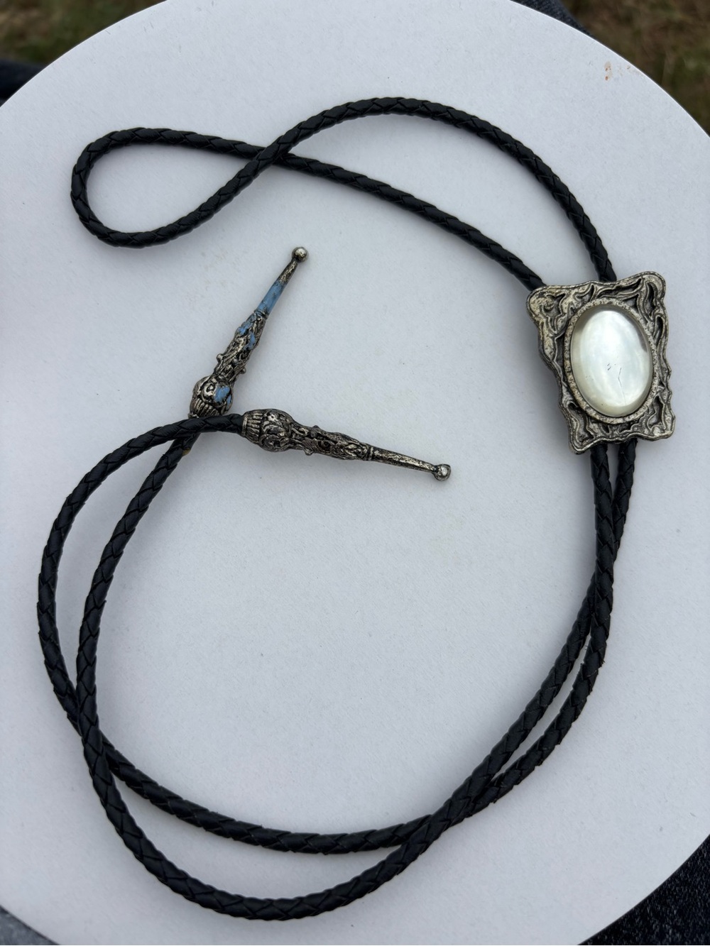 Vintage Western Bolo Tie Mirrored Cabochon Ornate Silver Tone Black Cord